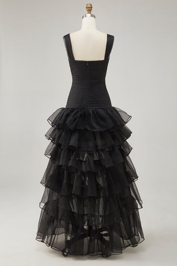 Black A Line Organza High-Low Formal Dress with Ruffles
